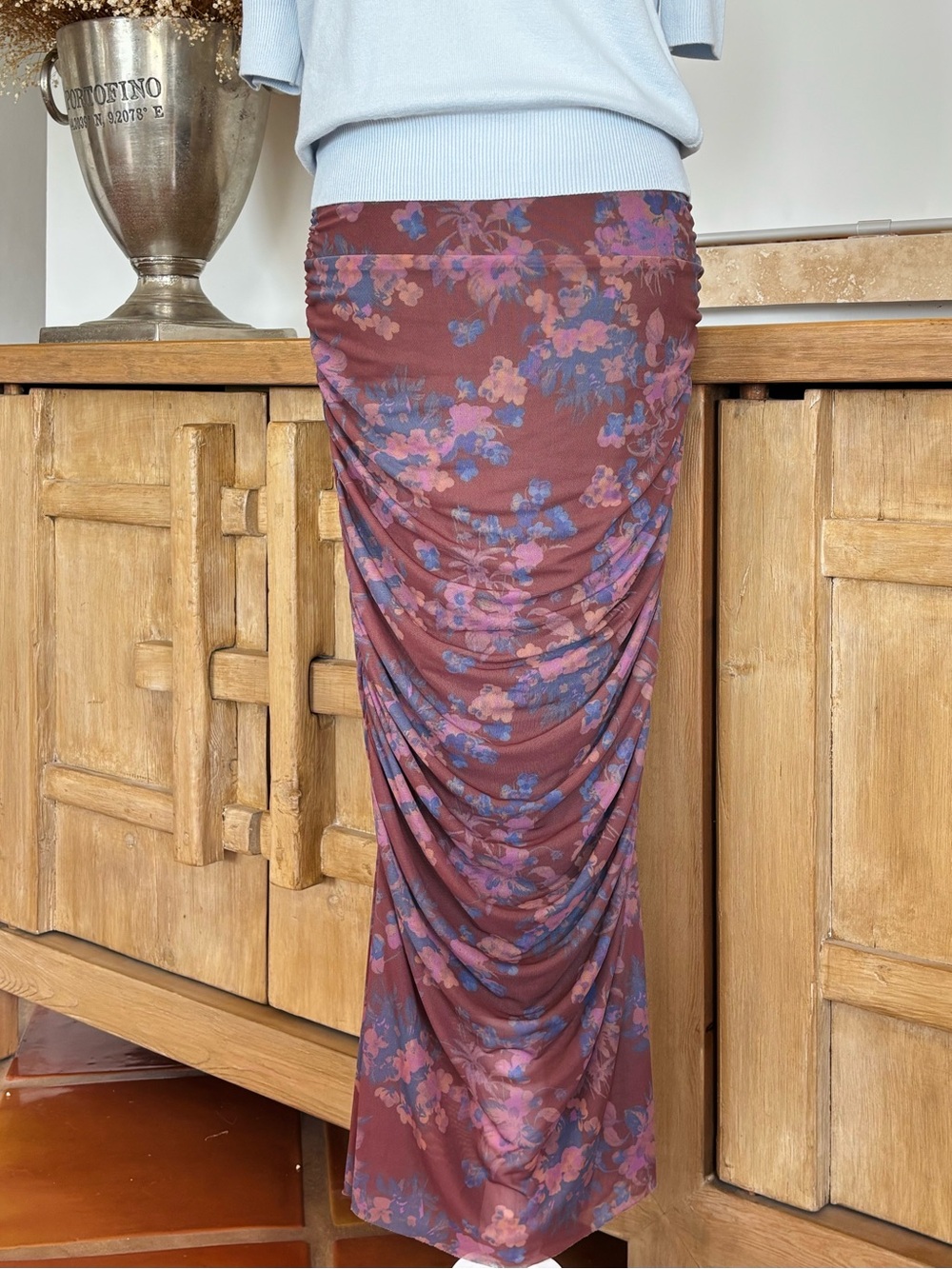 Anthropologie Floral Ruched Mesh Midi Skirt Brown Purple M Autumn Y2K Party Chic - Picture 6 of 13